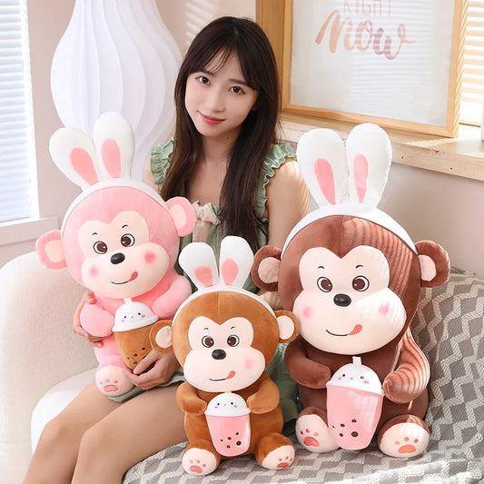 HKM-590611 Kawaii Bubble Tea Monkey Plush Toy - Cute Stuffed Animal Pillow for Kids, 51-99cm