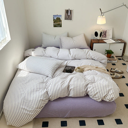 HKM-592083 Washed Cotton Striped 4-Piece Bedding Set - Fitted Sheet, Duvet Cover, and Pillowcases