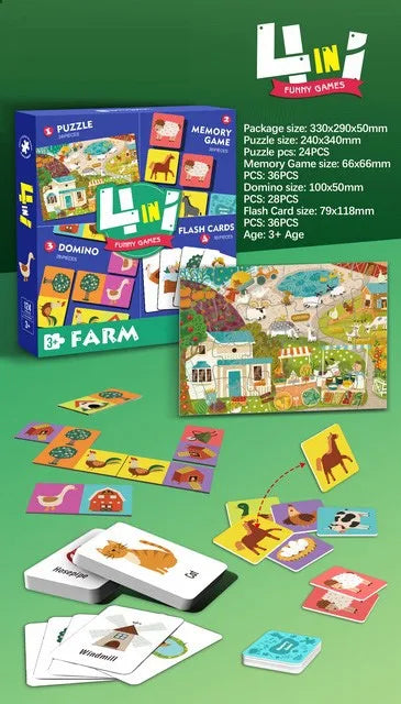 HKM-594899 Custom 4-in-1 Cartoon Puzzle and Memory Game Set for Kids - Educational Flash Cards and Jigsaw Fun