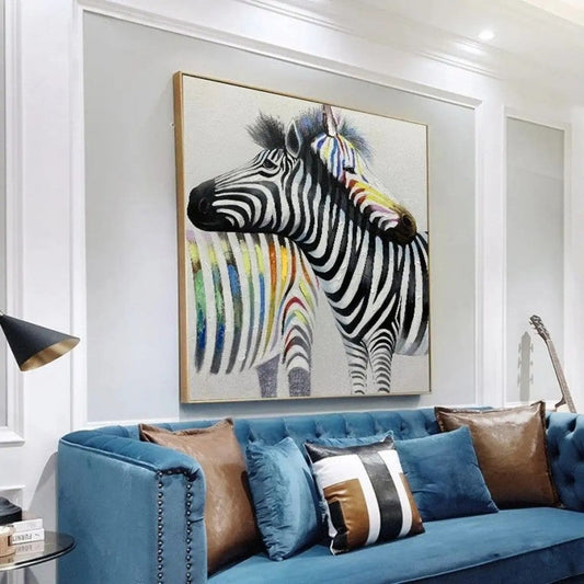 HKM-600915 Colorful Abstract Oil Painting of a Couple of Zebras on Canvas - Square Modern Art for Home Decor