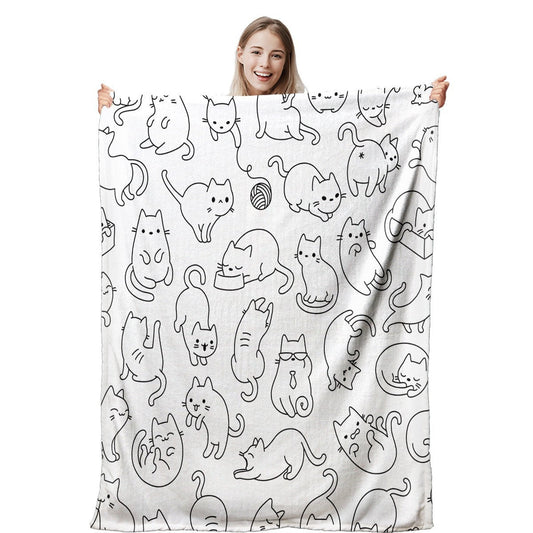 HKM-601299 Cute Cat Flannel Blanket - Soft Polyester Fabric, Available in Multiple Sizes for All Seasons