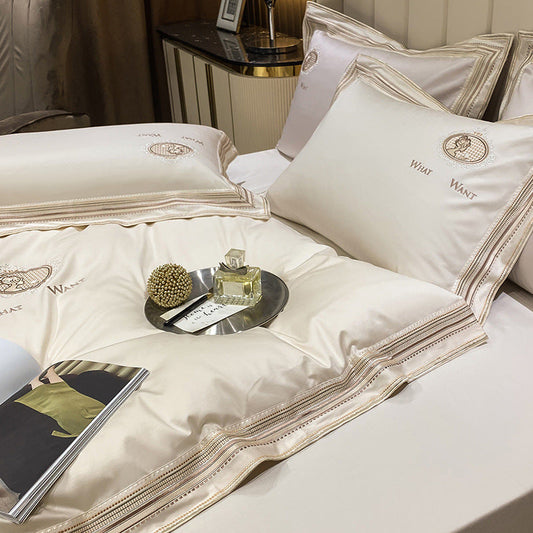 HKM-602451 Elegant Plain Color Cotton Satin Quilt Cover Bedding Set for Various Bed Sizes
