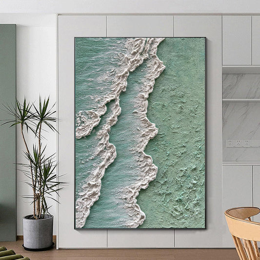 HKM-603219 Abstract Ocean Waves Textured Oil Painting on Canvas - Green and White Decorative Art for Home and Office