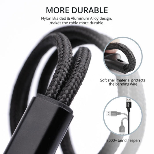 HKM-607123 Type C Triple Charging Cable - 1.2m Durable Nylon Braided Micro USB/Type-C Wire for Simultaneous Device Charging