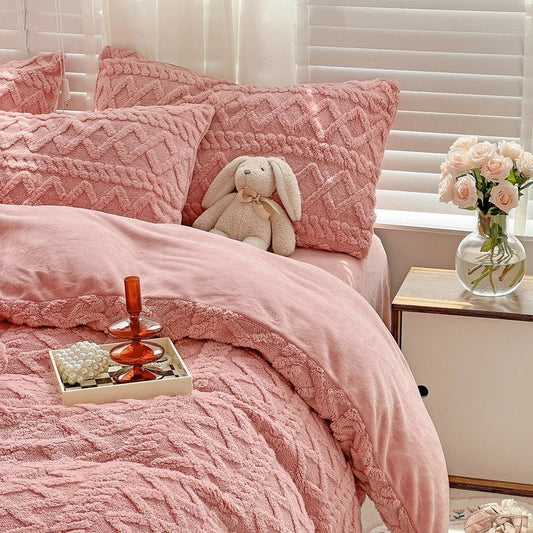 HKM-608723 Solid Color Fleece Quilt Cover Set - Three-Piece Modern Design for Autumn and Winter, Multiple Sizes Available