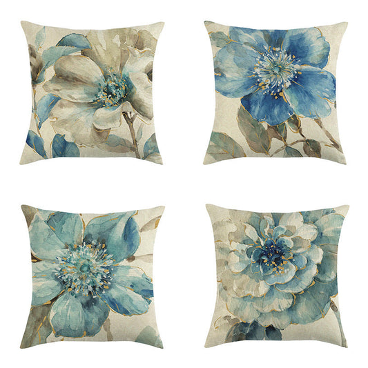 HKM-613459 Blue Oil Painting Bird and Flower Linen Pillow Cover