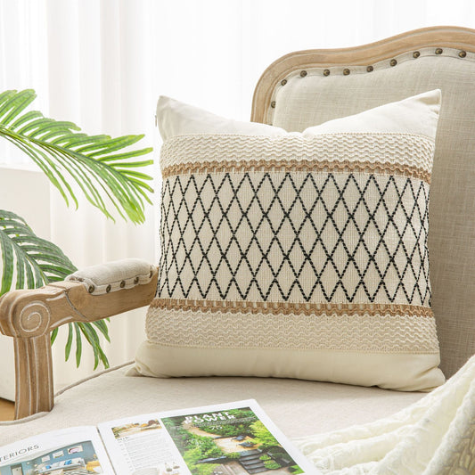 HKM-618003 Bohemian Cotton and Linen Pillow and Cushion Cover, Available in Beige and Khaki, Multiple Sizes