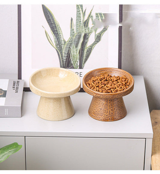 HKM-618451 Cylindrical Ceramic Cat Bowl in Leopard and Beige Colors
