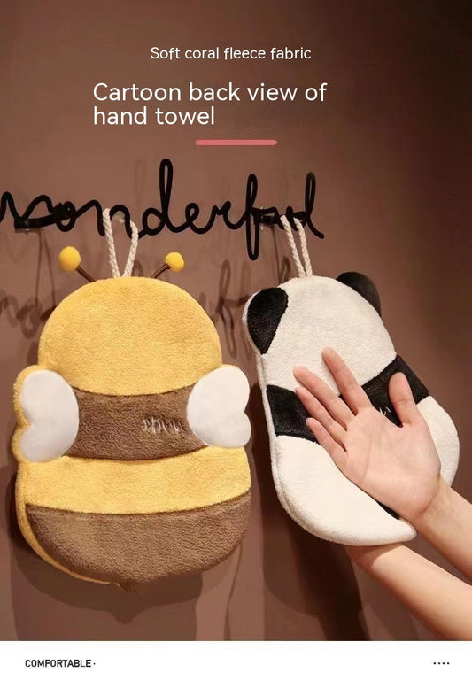 HKM-627411 Cute Cartoon Coral Fleece Towels with Bee and Panda Designs - Set of 2 Hanging Towels