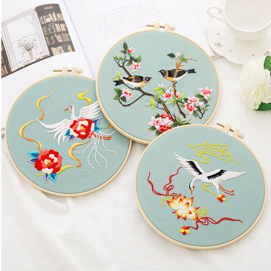 HKM-630291 Chinese Style Flower and Bird DIY Hand Embroidery Kit with Cotton Material and Bamboo Stretcher