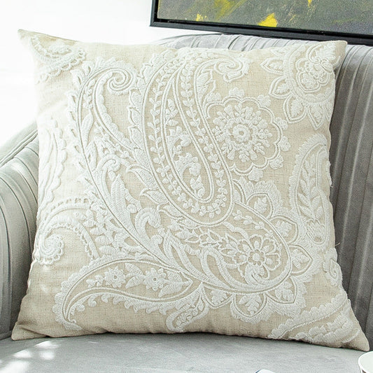HKM-634963 Embroidered Cotton and Linen Tassel Pillowcase with Plant and Flower Pattern