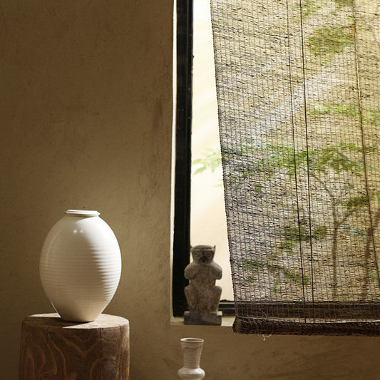 HKM-635603 Japanese Ramie Roller Blind for Tea Rooms - Semi-Shading, Plain Beige Design, Available in Multiple Widths
