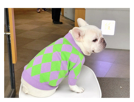 HKM-637779 Stylish Purple Diamond Plaid Dog Sweater for All Sizes