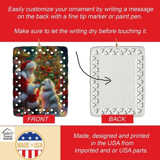 HKM-644243 American Eskimo Dog Porcelain Ornament with Customizable Back for Holiday Decorating
