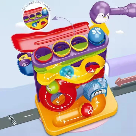 HKM-664467 Three-in-One Penguin Rolling Ball Toy Track for Kids Ages 2-7 - Educational Plastic Roller Coaster Game