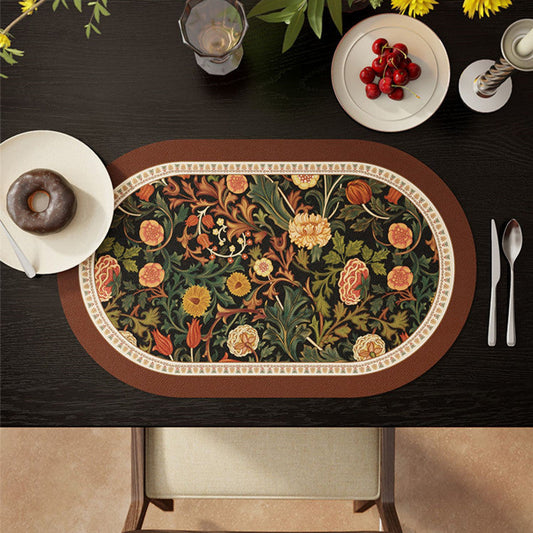 HKM-669715 Retro Flower Waterproof Oval Placemat in Orange and Green - Easy to Clean Dining Table Cushion (30 x 45 cm)