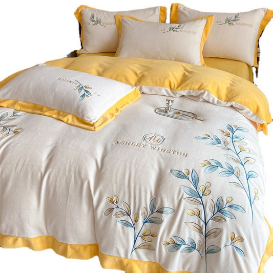 HKM-670291 Milk Velvet Embroidery Four-Piece Bedding Set - Blue, White, Pink, Floral Design for 1.5m Bed