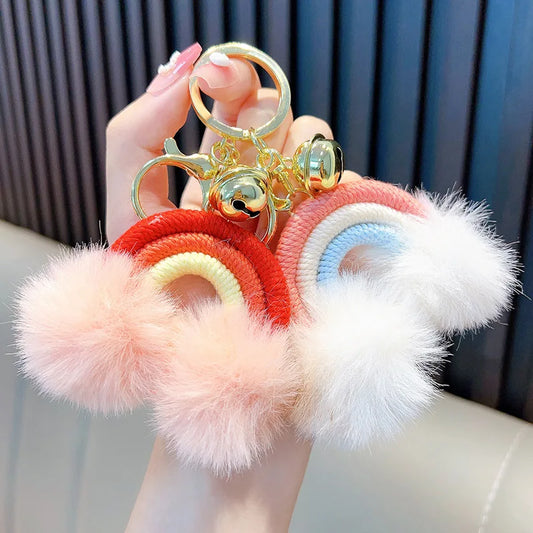 HKM-671955 Rainbow Fur Ball Cartoon Keychain for Bags and Cars - Plush Keychain Pendant for All Ages