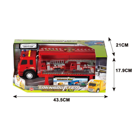 HKM-685587 Electric Light & Sound Red Friction Fire Truck Toy with 2 Die-Cast Cars for Kids 2-7 Years
