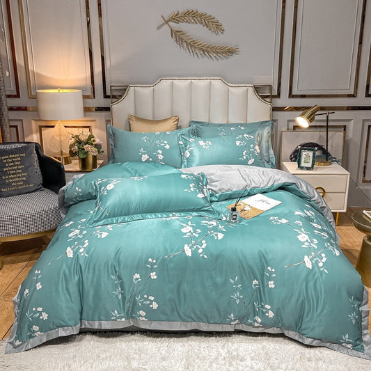HKM-685779 Washed Silk Printed Four-Piece Bedding Set in Tencel Satin for Spring and Summer