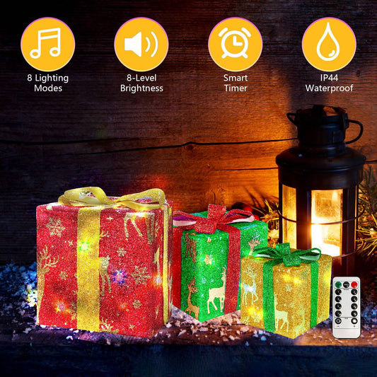HKM-688211 Set of 3 Christmas Lighted Gift Boxes with 50 LED Lights, Waterproof, Battery Powered, Remote Control, 8 Lighting Modes for Indoor and Outdoor Decor