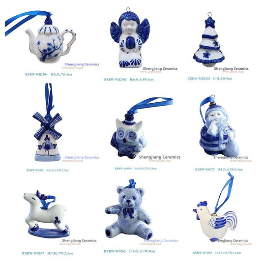 HKM-692499 Ceramic Christmas Tree Pendant Decorations - Blue and White Porcelain, Various Sizes