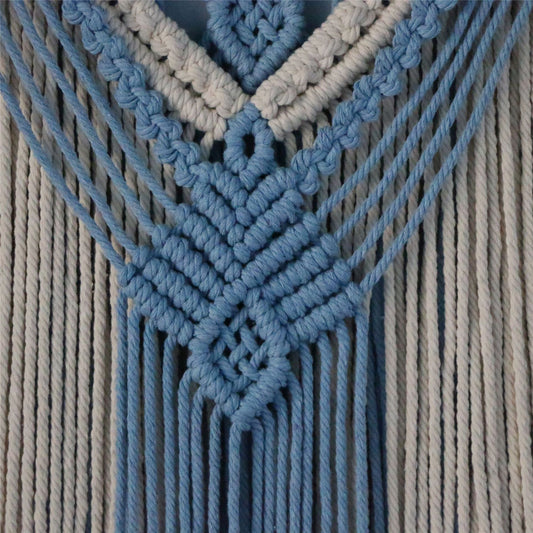 HKM-694611 Hand-Woven Cotton Rope Tapestry with Tassel Ornaments - Modern Blue and White Wall Decoration (38x114CM)