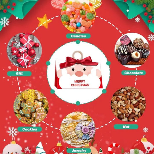 HKM-698899 Christmas Treat Boxes with Ribbon and Wooden Ring - 10 Pcs Santa Claus Design Goodie Boxes for Holiday Gifts