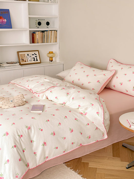 HKM-699603 Soft Double-Layer Cotton Four-Piece Bedding Set with Reactive Printing - Multiple Sizes Available