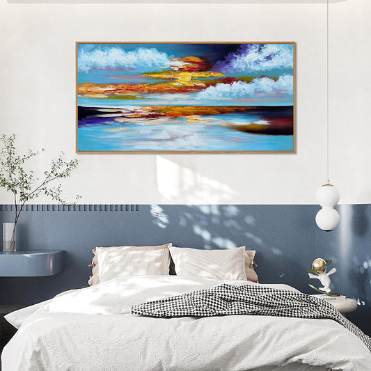 HKM-700371 Hand Painted Bright Abstract Oil Painting on Canvas - Seascape Sunset Artwork for Home Decor