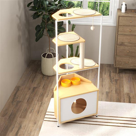 HKM-700435 Corner Cat Tower with Multi-Level Design, Scratching Post, and Space-Saving Features