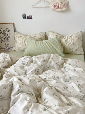 HKM-700755 Cream Floral Vintage Cotton Bedding Set - Nordic Style, 4-Piece, Multiple Sizes Available