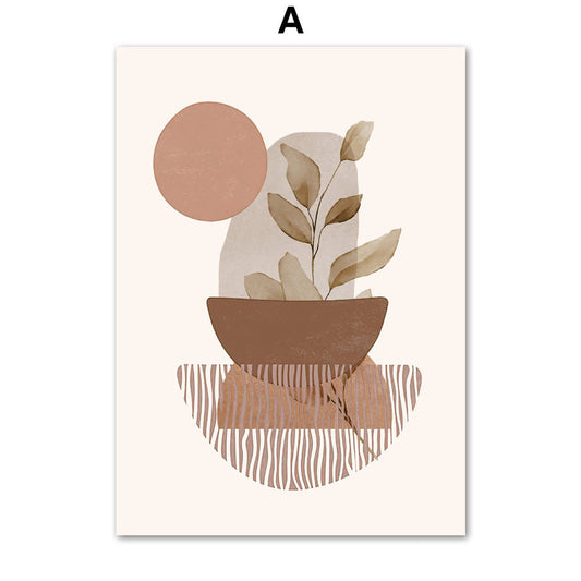 HKM-701587 Geometric Abstract Boho Canvas Painting - Line Leaves Design, Frameless Artwork for Home Decor
