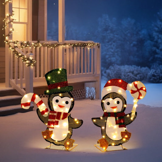 HKM-705171 Lighted Penguin and Candy Cane Christmas Decorations Set, Pre-Lit 2D Holiday Decor with 80 Warm White LED Lights for Indoor Outdoor Use