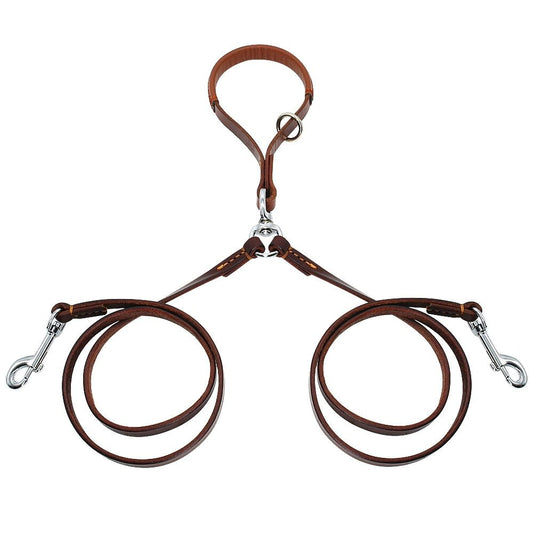 HKM-705875 Leather 2-Way Dog Leash - Tangle-Free, Hands-Free for Two Dogs, Available in Black and Brown