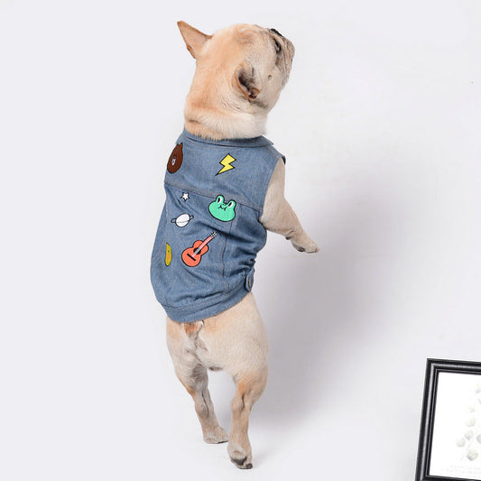 HKM-706643 Casual Washed Denim Embroidered Vest for Pets