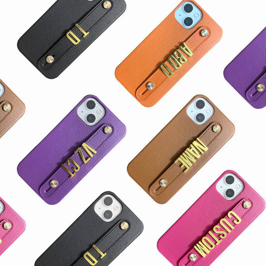 HKM-709587 Customizable Wristband Phone Case for iPhone – Personalized Letter Design, Faux Leather