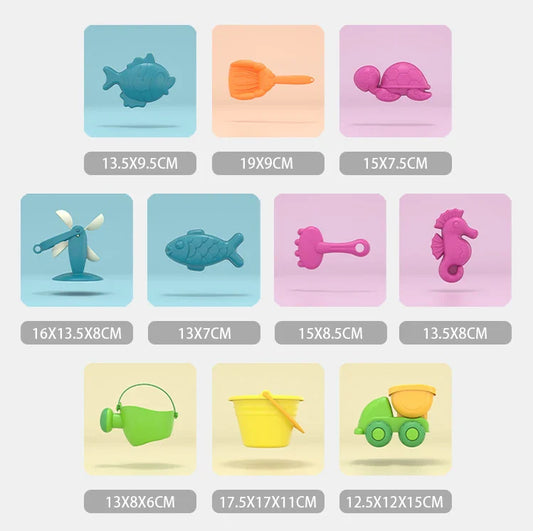 HKM-709587 Kids Outdoor Beach Toy Set - Soft Rubber Sand Molds, Bucket and Tools for Summer Fun