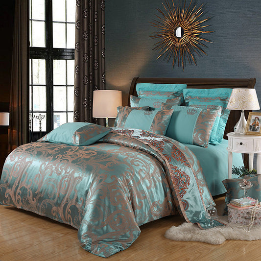 HKM-714259 Elegant Satin Jacquard Four-Piece Bedding Set in Silk Cotton Blend