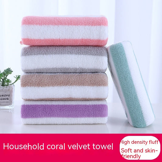 HKM-714515 Soft Coral Fleece Wide Striped Towels - Lint-Free, Absorbent Face Wash Towels in Multiple Colors