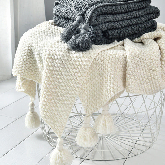 HKM-716243 Nordic Style Solid Color Tassel Wool Blanket for All Seasons in Multiple Sizes