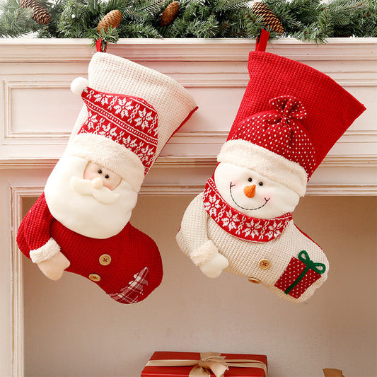 HKM-718163 Large Red and White Knitted Christmas Stocking with Santa Claus Design for Holiday Decoration and Gift Giving