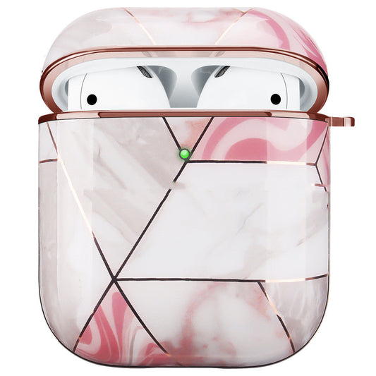 HKM-718419 White Marble Earphone Cover - Electroplating Gold Hard Shell Compatible with AirPods 1/2 and Pro