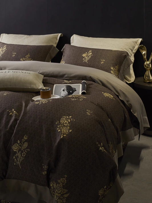 HKM-722323 Floral Pattern Cotton Brushed Four-Piece Bedding Set for Autumn and Winter