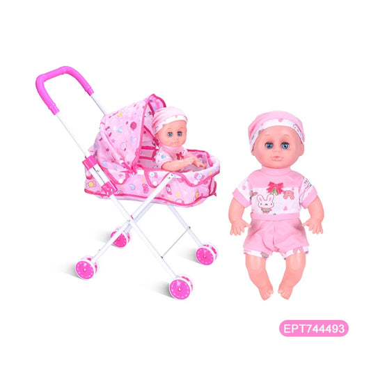 HKM-724947 14 Inch Doll Toy Set with Iron Stroller for Infants and Toddlers