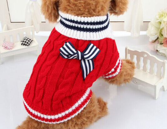 HKM-730003 Cozy Knit Sweater for Dogs with Bowknot Detail – Autumn/Winter Fashion in Blue and Red