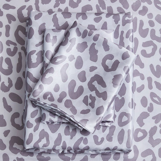 HKM-733203 Satin Artificial Silk Four-Piece Bed Sheet Set with Digital Silver Leopard Print Design