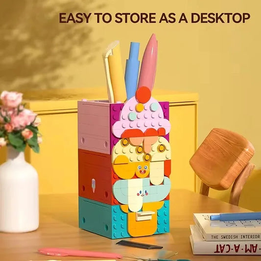 HKM-733843 Building Block Set for Kids - DIY Pen Storage Puzzle Table, 50 Pieces, Modern Theme