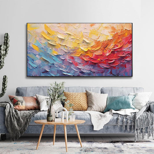 HKM-734291 Hand-Painted Canvas Artwork - Colorful Abstract Design with Thick Flowers in Blue, Red, and Yellow for Wall Decor