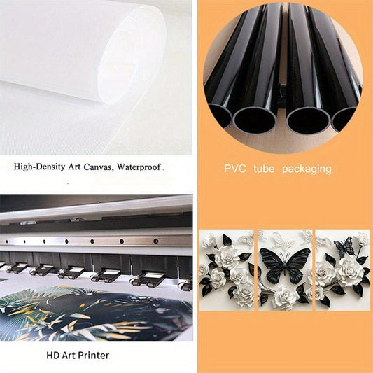 HKM-737747 Framed Canvas Art Set Featuring Black Butterfly and White Roses - Multiple Sizes Available